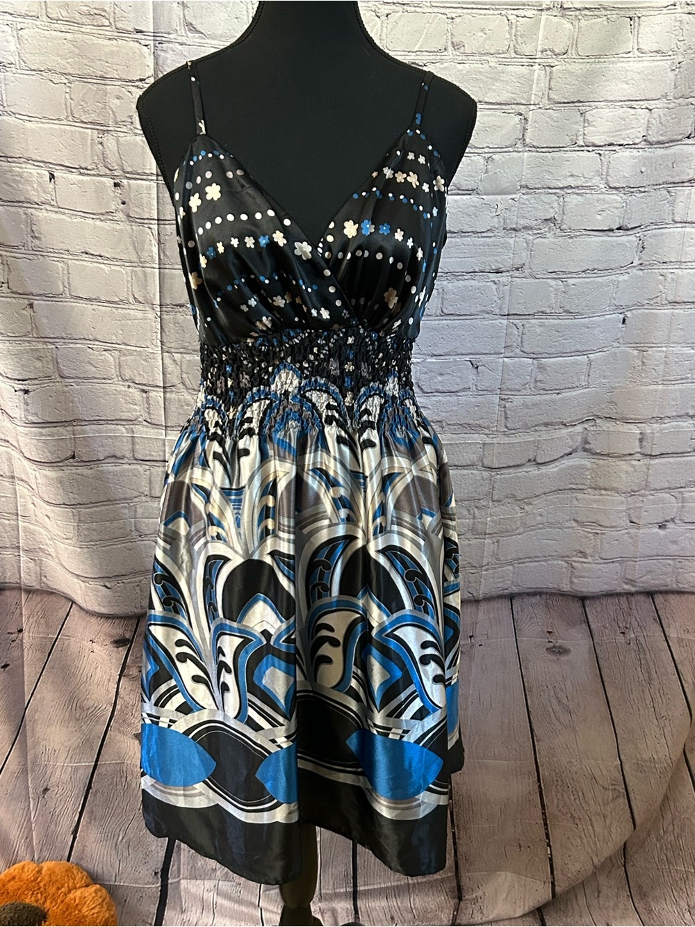 Romy Black, Blue & White Floral Smocked Midi Dress